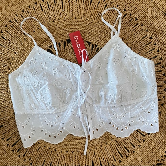 NWT Yamamay Optical White Eyelet Tie Crop Top Retro ATOD122008 Scalloped Shirred - Picture 1 of 9